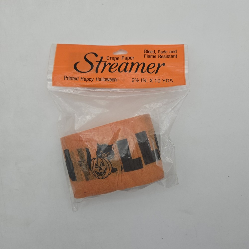 Vintage NOS Crepe Paper Happy Halloween Party Streamer w/ Cat Jack-o-Lantern