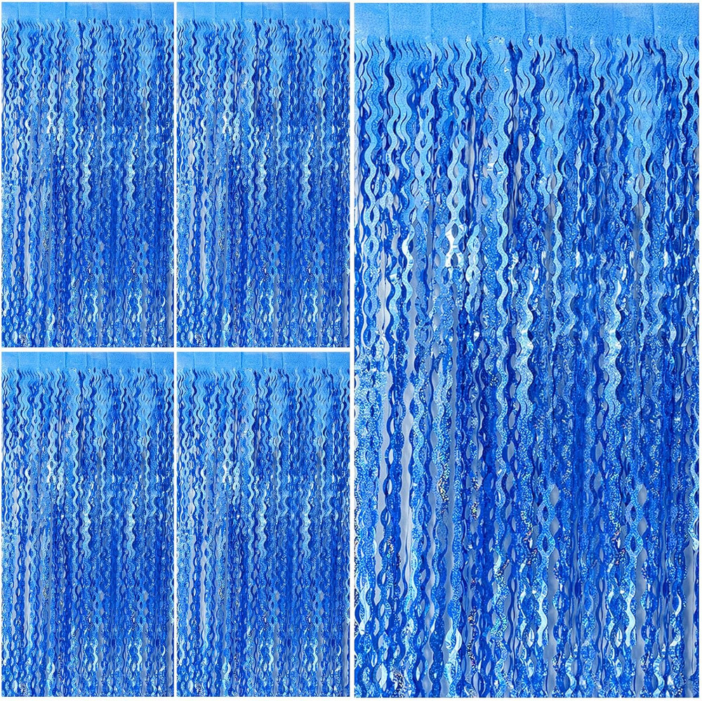 Blue Backdrop Wavy Tinsel Foil Fringe Curtains for Parties Sparkle Metallic Wavy
