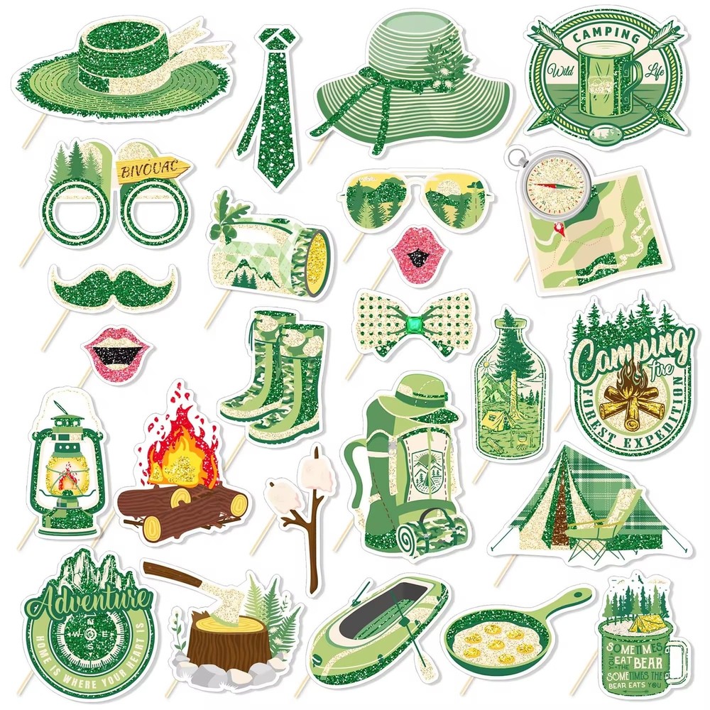 25 PCS Camping Photo Booth Props Stick Camp Theme Selfie Hiking Backdrop Decor