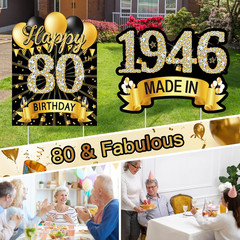 7Pcs Black Gold 80Th Birthday Yard Sign Decorations for Men and Women,Happy 80Th