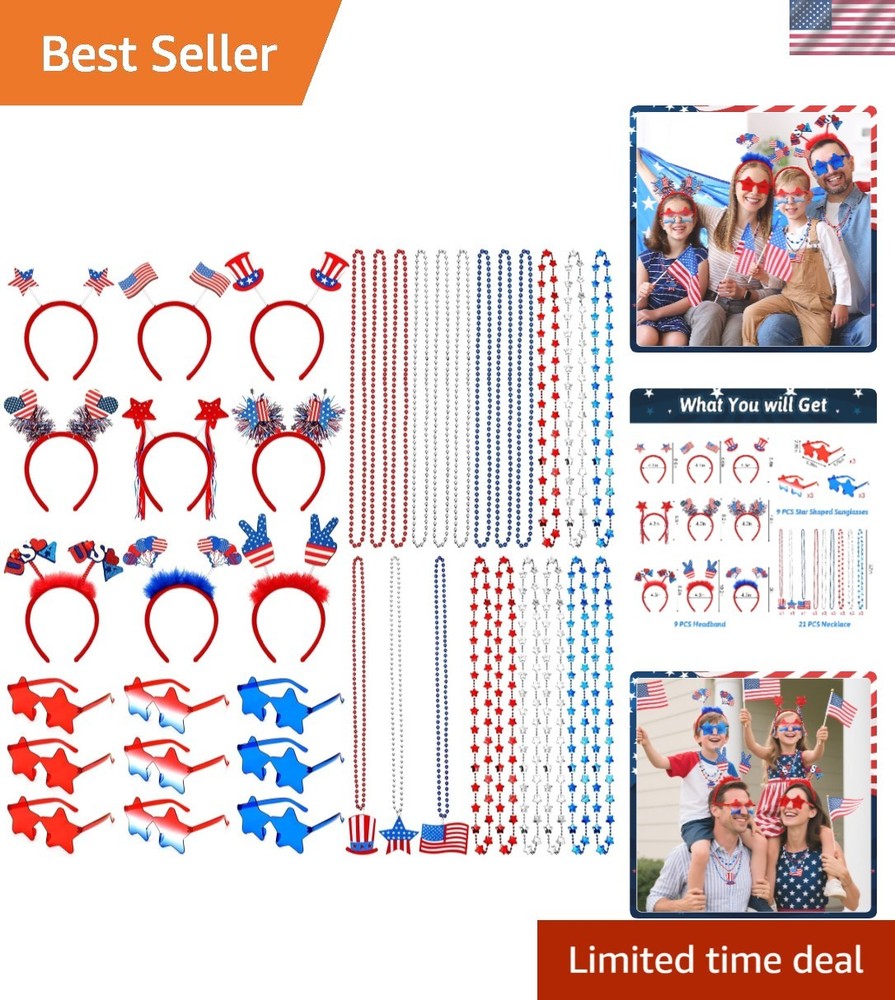 39 PCS Fourth of July Accessories Set – Patriotic Headbands, Glasses & Necklaces