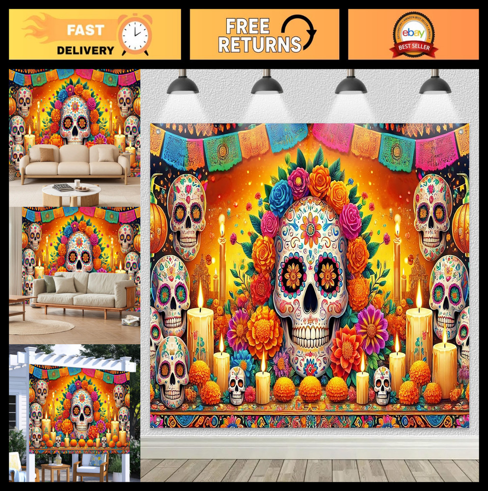 Colorful Día de los Muertos Backdrop Banner – Sugar Skulls & Flowers, 8x6ft Part