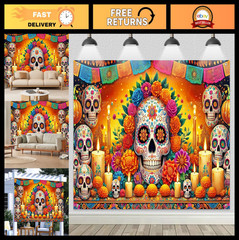 Colorful Día de los Muertos Backdrop Banner – Sugar Skulls & Flowers, 8x6ft Part