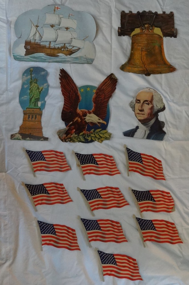 15 Die Cut Vintage Dennison, Eureka Decorations Flag, Liberty Bell, Eagle, Bell