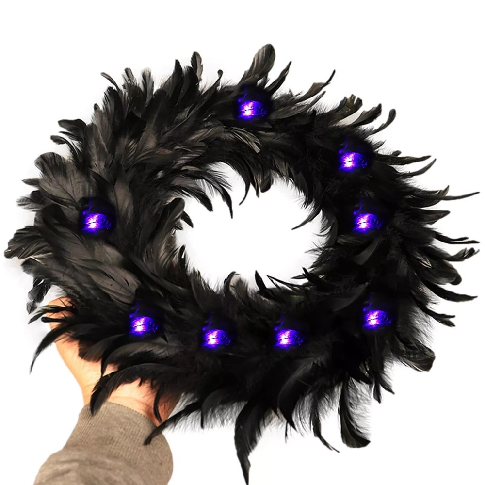 Natural Feathers Wreath 13.75″ In Black For Halloween Decorations, Spooky Scen