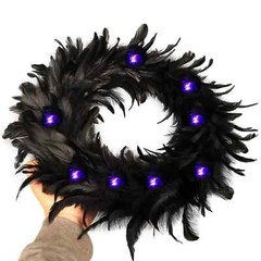 Natural Feathers Wreath 13.75″ In Black For Halloween Decorations, Spooky Scen