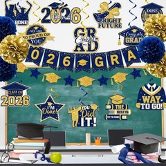 Navy Blue Graduation Decorations, 2026 Grad Banner and Congrats Grad Hanging …