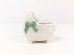 Ceramic Pottery Baby Bassinet Basket Crib White Green Boy Planter 3″x2″x2.5″ New
