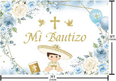 7X5Ft Mi Bautizo Backdrop Boy Baptism Christening Party Decorations Supplies Blu