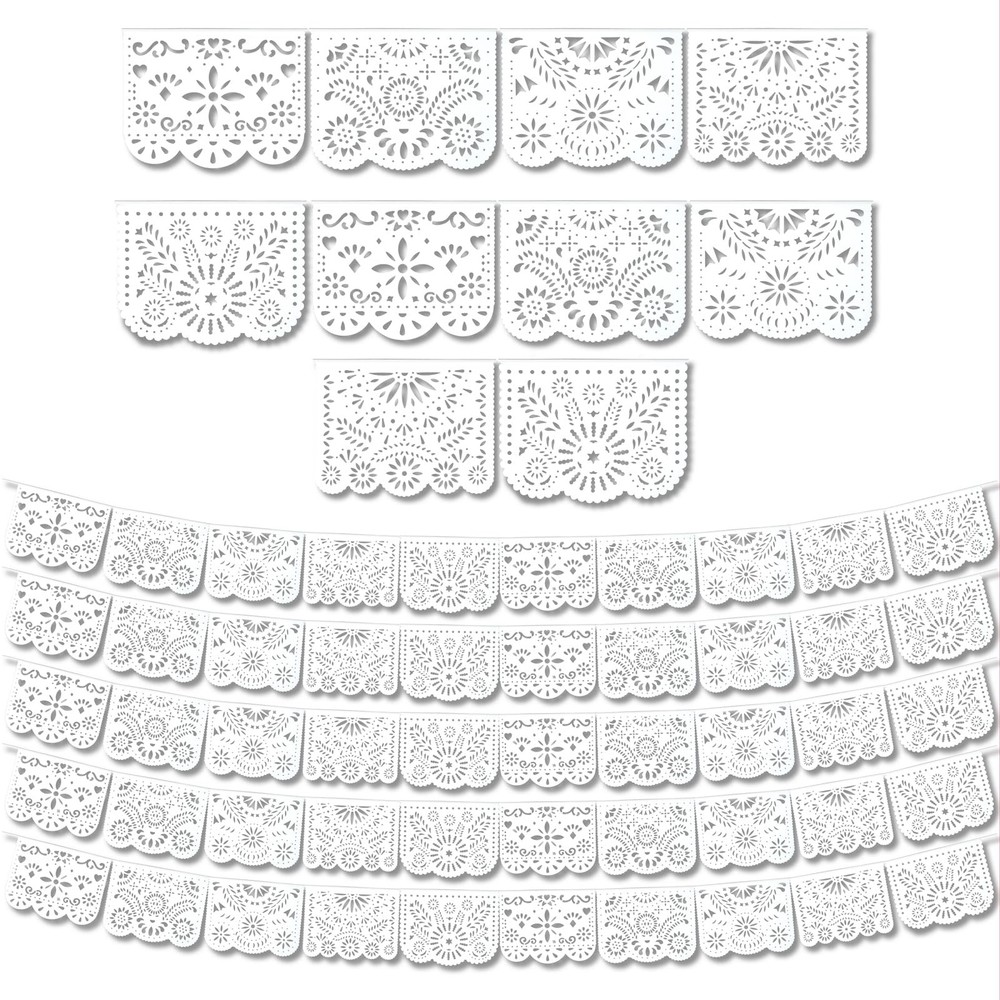 5 Pack White Papel Picado Banner, Large Plastic Mexican 16.5 ft,