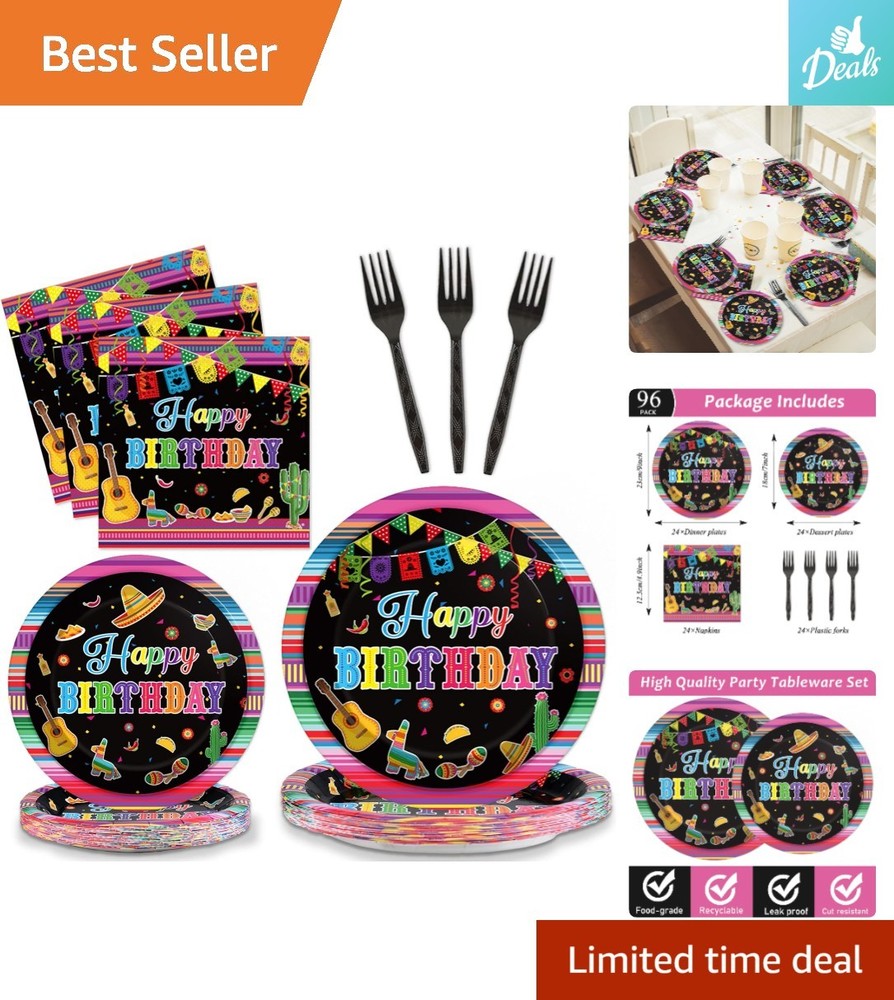 Complete 96PCS Mexican Dinnerware Set: Plates, Napkins & Forks for 24 Guests