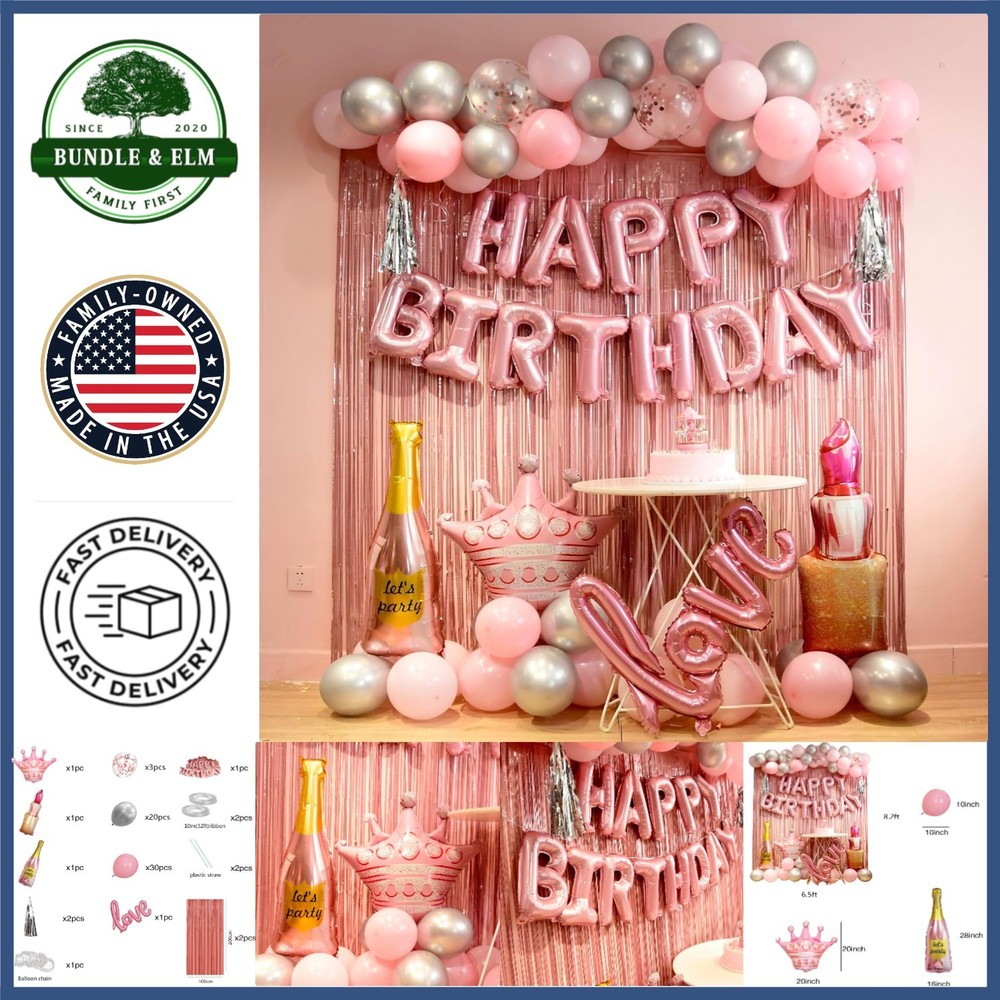 Pink Birthday Decorations Set with Banner, Balloons, and Fringe Curtains