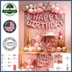 Pink Birthday Decorations Set with Banner, Balloons, and Fringe Curtains