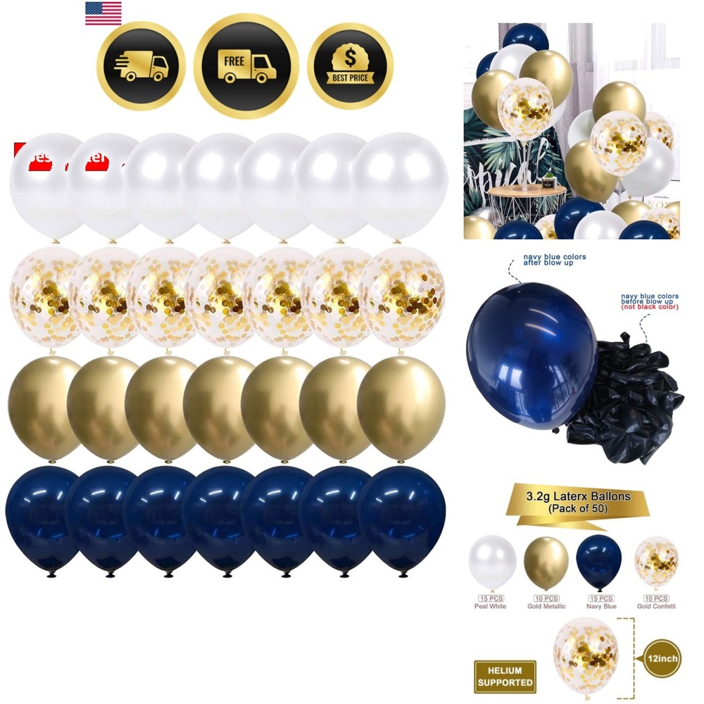 Navy Blue and Gold Confetti Balloons, 50 pcs 12 inch Pearl White and Gold Met…