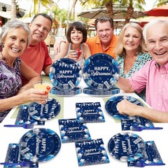 Elegant 96-Piece Retirement Party Tableware Set in Blue & Silver for 24 Guests