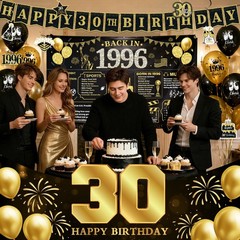 30th Birthday Decorations for Men Women Black Gold, 37PCS S, 30/1996