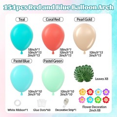 151pcs Tropical Balloon Arch Kit, Coral Red Teal Pastel Green Blue Pearl Gold…