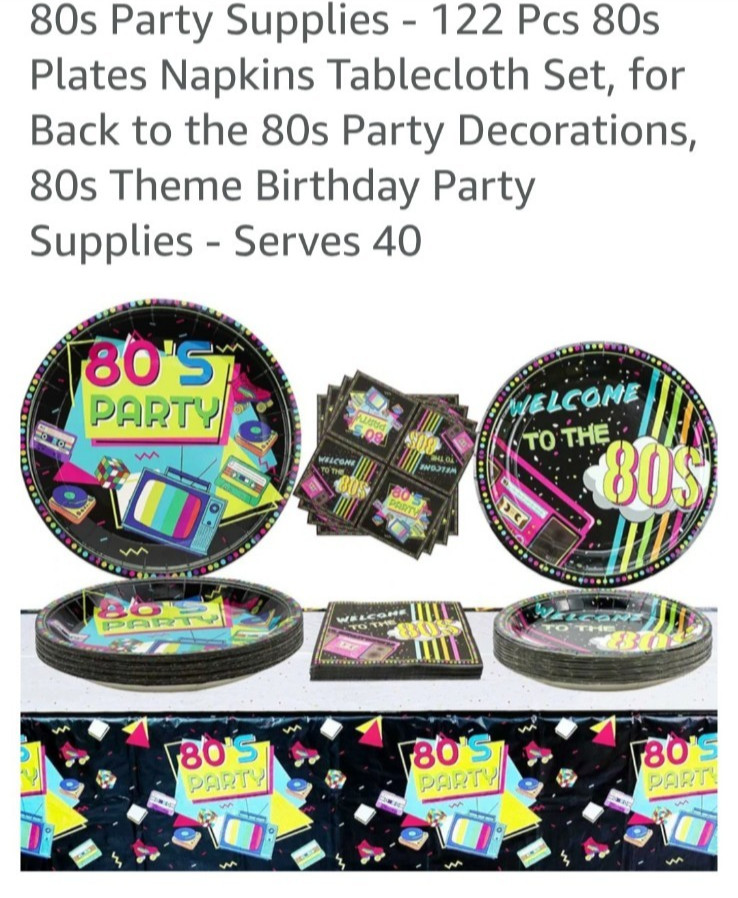 Colorful 80s Theme Party Supplies – Plates, Napkins, Tablecloth Set- Serves 40