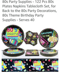 Colorful 80s Theme Party Supplies – Plates, Napkins, Tablecloth Set- Serves 40