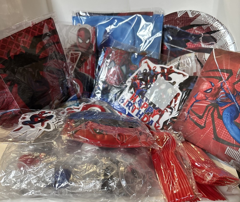 Spiderman Party Set, 10 People, Decor, Tableware, Favors, Cake Decor Open Box