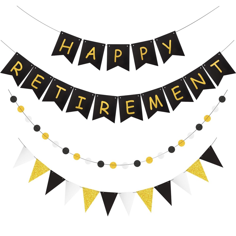 Happy Retirement Banner, Black and Gold 4.9 x 5.9 inches, gold