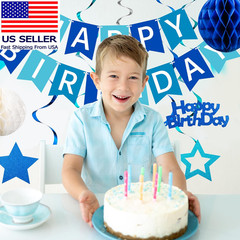 Birthday Decorations, Happy Birthday Banner with Honeycomb Balls, Swirls Set Hap
