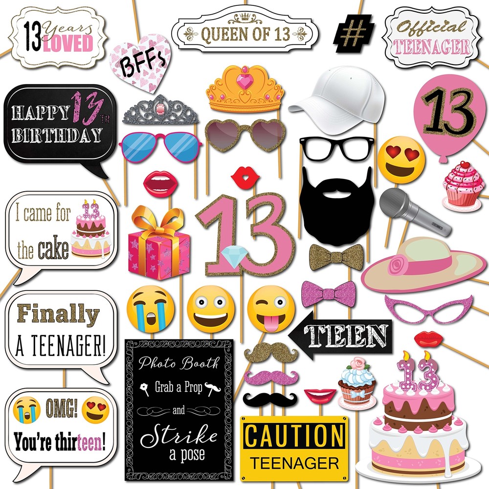 13th Birthday Photo Booth Props 41 PCS Kit 8×10″ Sign Teen Girl Party Supply