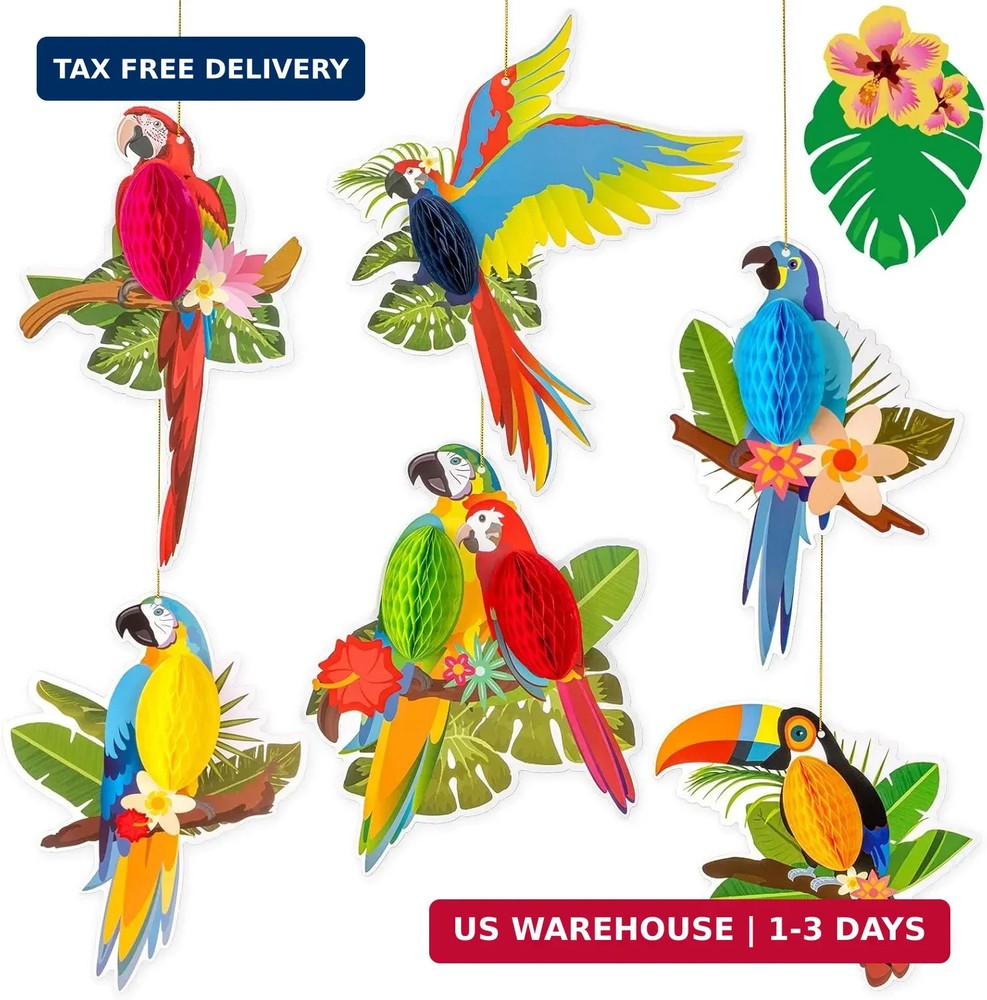 6 Pieces Hawaiian Tropical Parrot Honeycomb Decorations, Luau Party Decorations