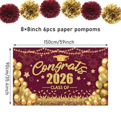 Maroon Gold Graduation Decor Pack 2026 – Congrats Grad Banner, Backdrop, Centerp