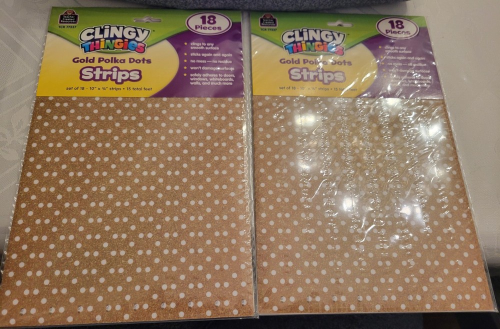 Lot/2pc teacher resources TCR 77337 CLINGY THINGIES GOLD POLKA DOTS STRIPS 18 pc