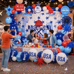 Labor Day Decorations Balloon Kit with Large Fabric Backdrop & USA Printed Foil