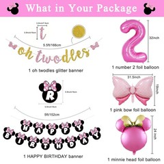 Pink Mouse Happy Birthday Banner Hanging Swirls Tablecloth Cake Topper Balloon