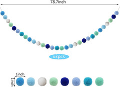 3PCS Blue Pom Pom Garland 6.5 Feet Long with 30 Balls for Party Home Decoration