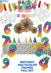 Birthday Decoration Set Multicolour 24pc Balloons Bunting Number Hats Tablecloth