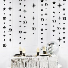 Black 10th Birthday Decorations Number 10 Circle Dot Twinkle Star