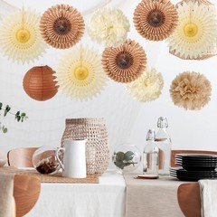 10 PCS Brown Rustic Paper Pom Poms Lanterns Folding Fans Party Decor Kit