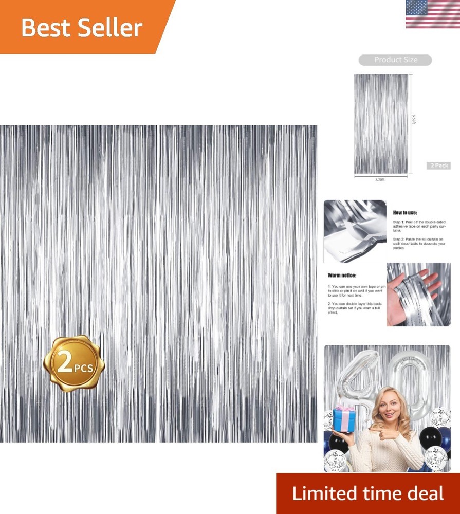 Elegant Silver Tinsel Fringe Backdrop – Perfect for Weddings & Birthdays, 2 Pcs