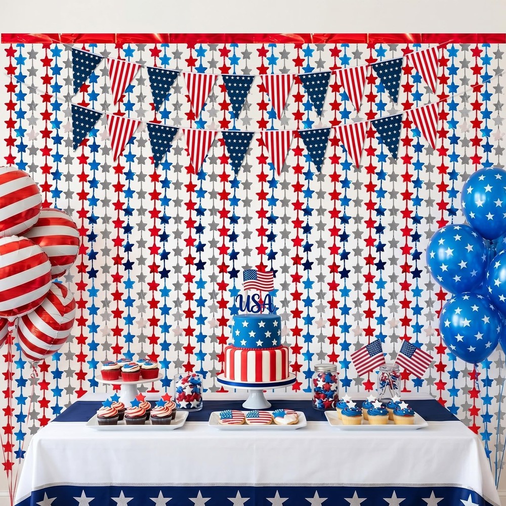 4 Pack Red White Blue Star Party 3.3 x 6.6 feet, Red, White, and