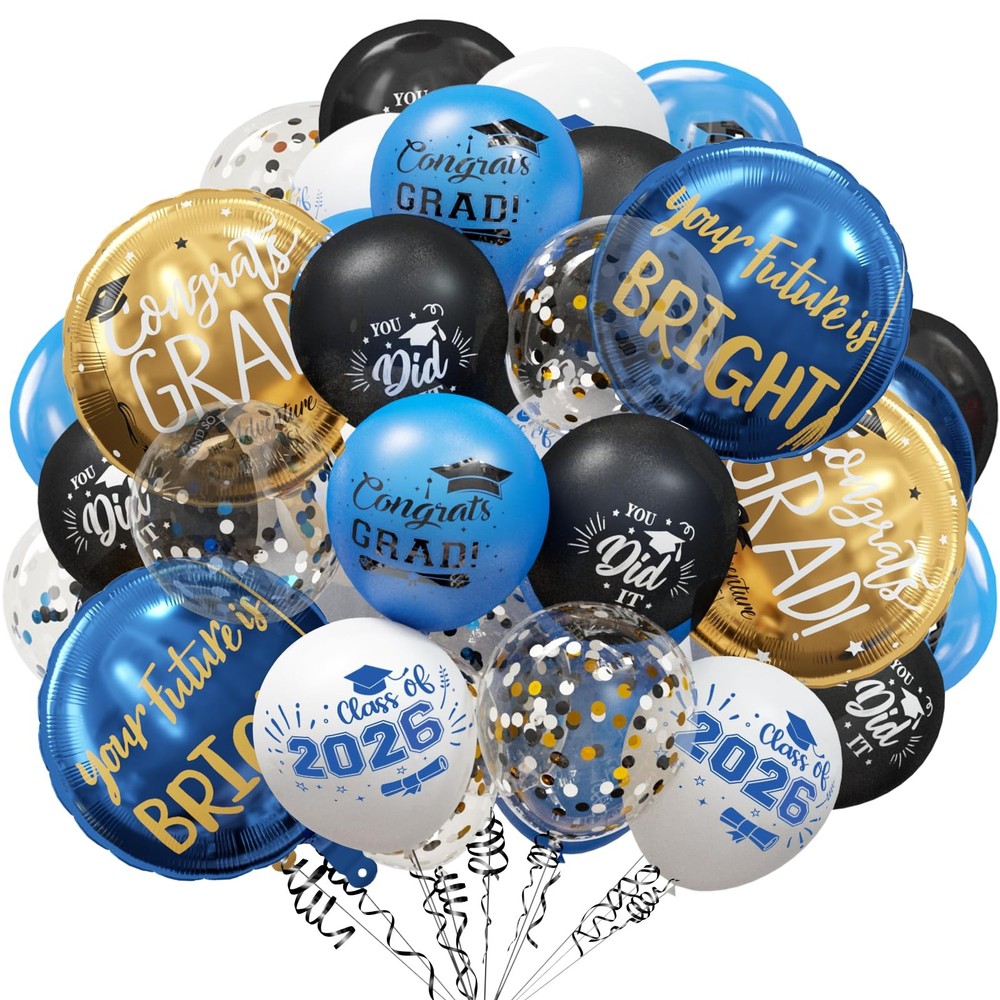GuassLee Graduation Blue and Gold Balloons 2026 – Grad Latex Confetti Balloon…