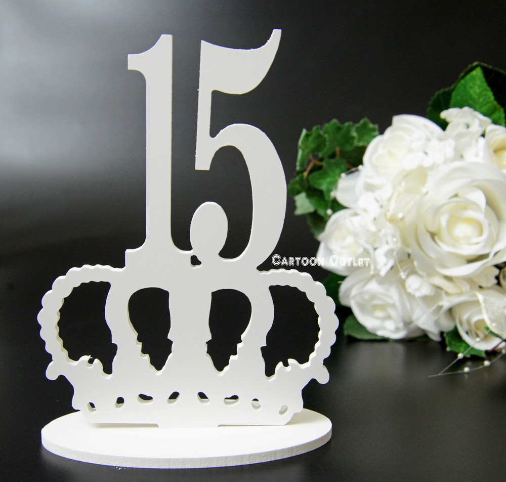 QUINCEANERA # 15 WHITE WOODEN Cake Topper Crown PARTY DECORATION STANDING WOOD