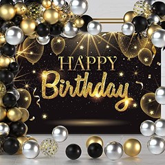 Black Gold Happy Birthday Party Decorations Backdrop, Golden Birthday Theme