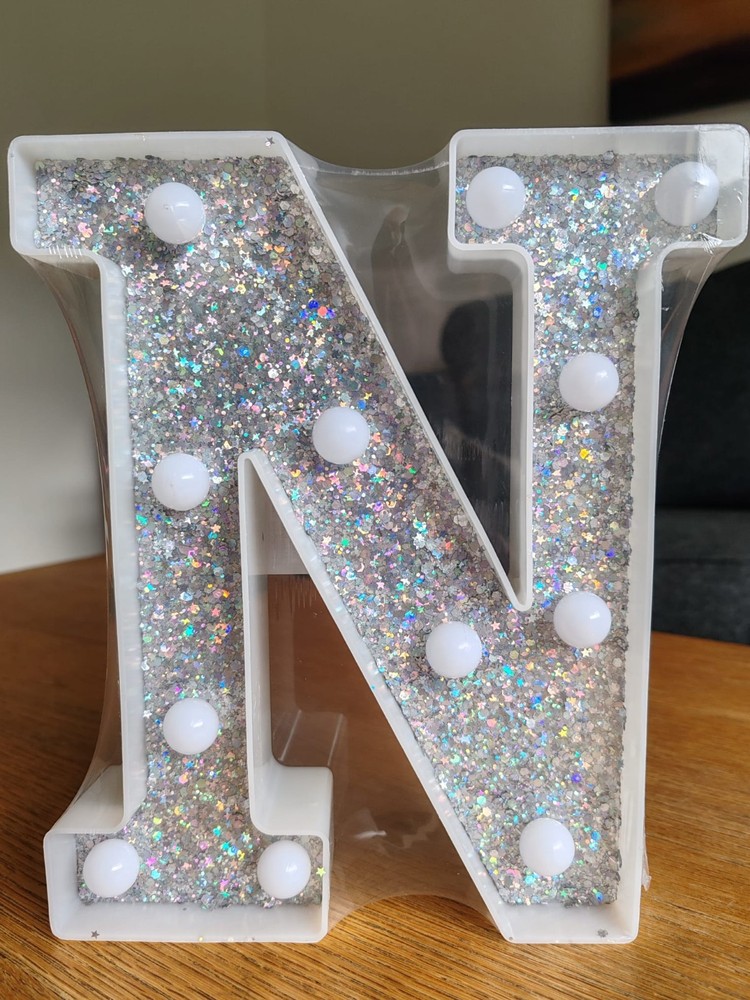 LED Light Up Marquee Letter N Sign – Silver/White Glitter Plastic