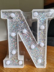 LED Light Up Marquee Letter N Sign – Silver/White Glitter Plastic