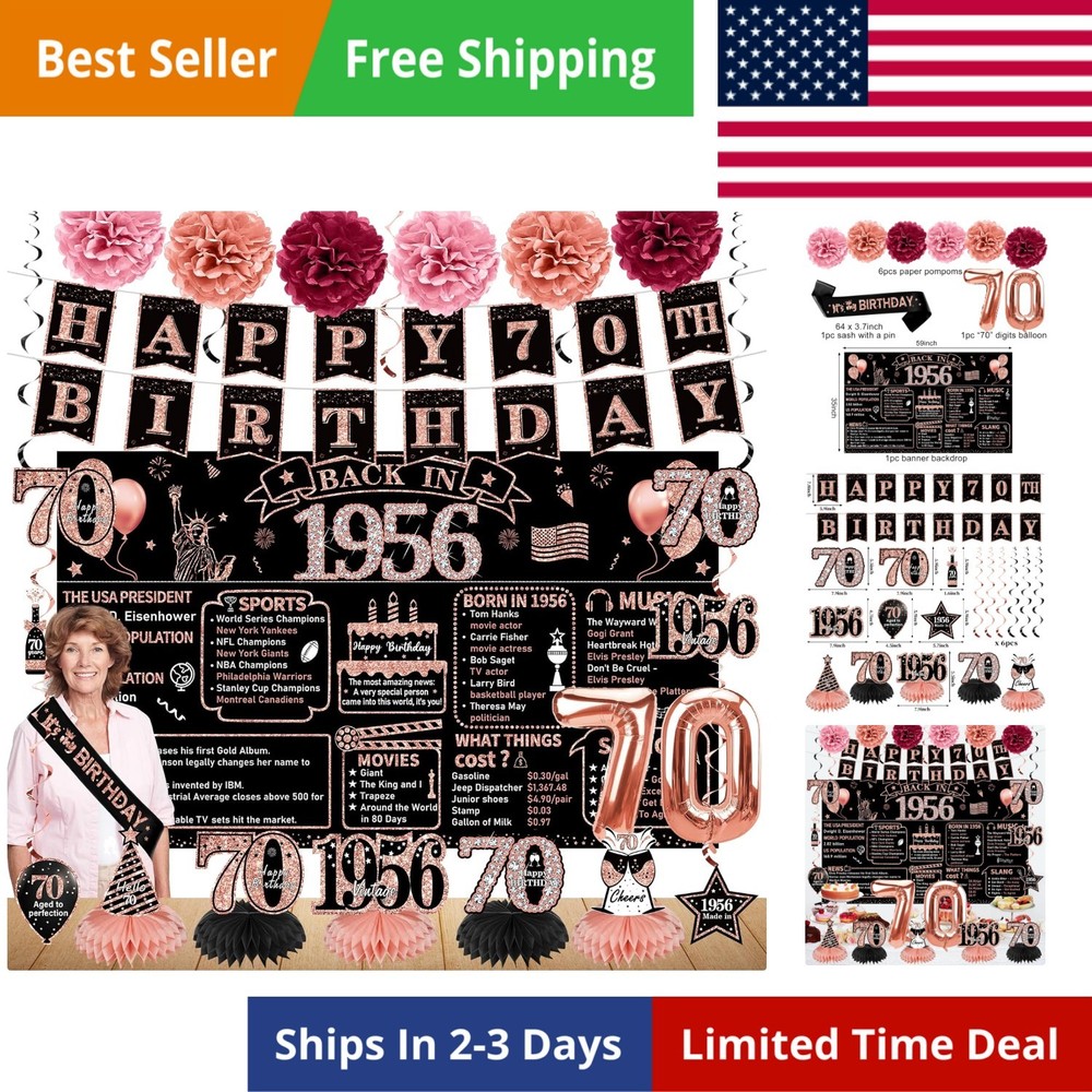 70th Birthday Decorations for Women, 21pcs the 1956 Banner Balloon Party Sup…
