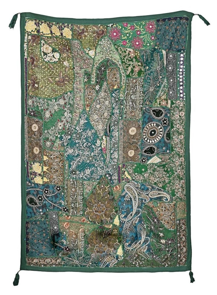 Cotton Silk Green Sari Patchwork Tapestry, Indian Handmade Cotton Wall Decor