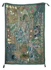 Cotton Silk Green Sari Patchwork Tapestry, Indian Handmade Cotton Wall Decor