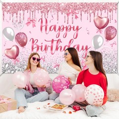 Pink Happy Birthday Banner Bow Rose Gold Princess Happy Birthday Backdrop Pin…