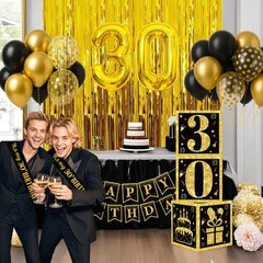 30th Birthday Decorations for Men Women, 50pcs Black and Gold Party Decoratio…