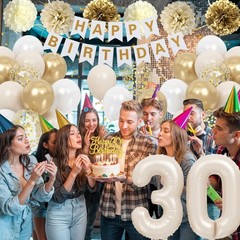30th Birthday Decorations for Her, Beige Gold White Thirty Birthday Balloons …