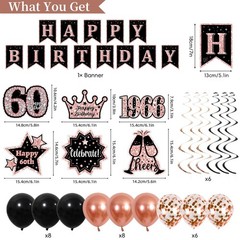 60th Birthday Decorations Kit – Rose Gold & Black, Happy 60th Banner, Crown, Sas